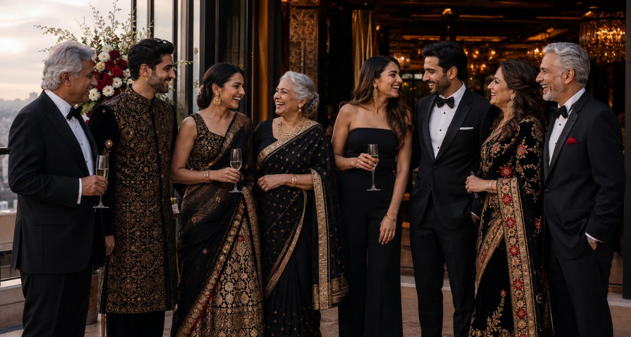 Guests in black tie and traditional formal wear