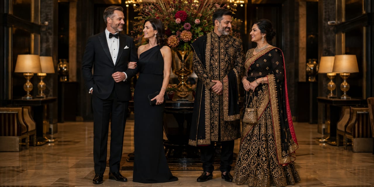 Couples in a tuxedo, evening gown, sherwani and lehenga