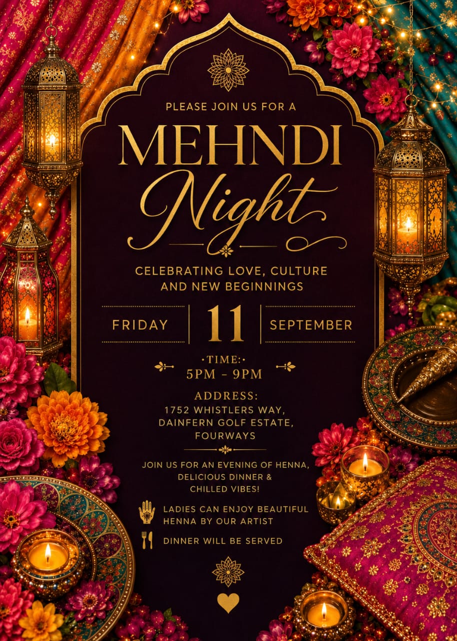 Mehndi Night invitation &mdash; Friday 11 September 2026, 5 PM to 9 PM, 1752 Whistlers Way, Dainfern Golf Estate, Fourways