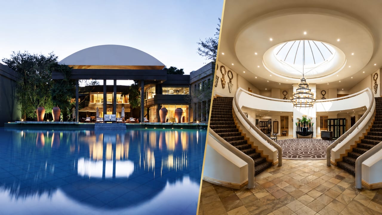 The Saxon&rsquo;s poolside exterior and grand foyer